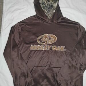 VTG Mossy Oak Hoodie Lg Embroidered Leather Logo Brown Pullover Hunting Outdoors